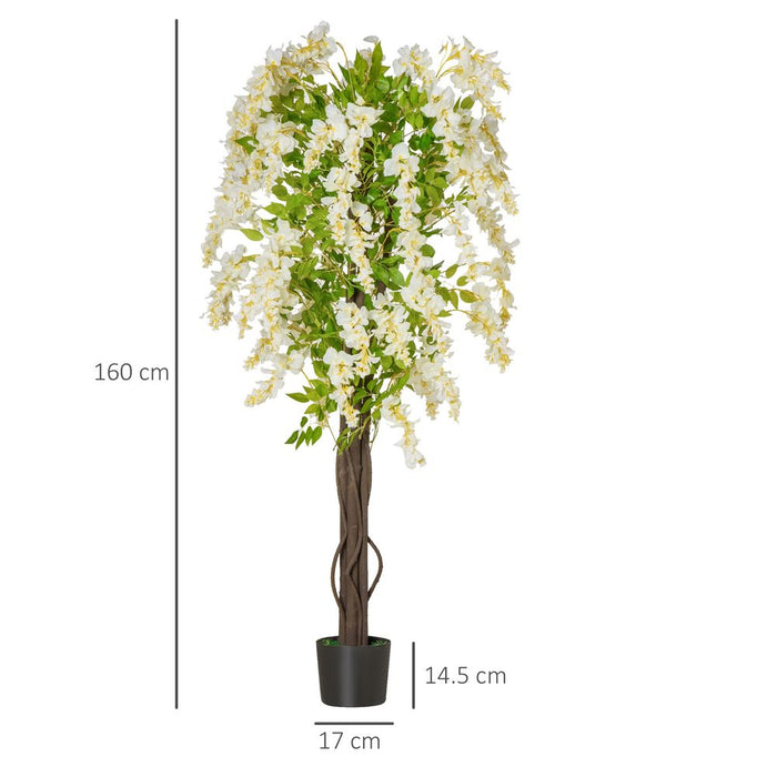 HOMCOM Artificial Realistic White Wisteria Tree Faux Decorative Plant in Nursery Pot for Indoor Outdoor Décor, 160cm