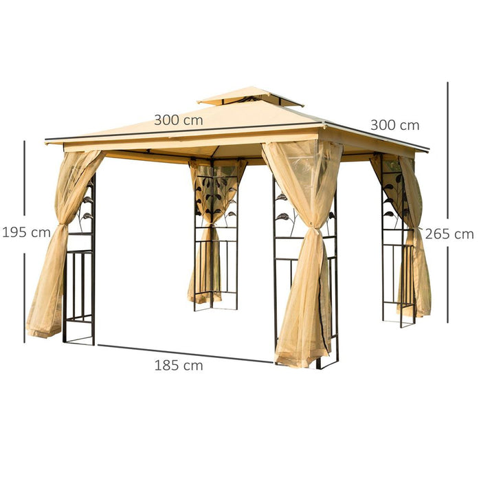 3x3m Double Top Gazebo-Beige. Ideal for parties, weddings, picnics & more. Sturdy, stylish design w/ mesh sidewalls. UV resistant & easy to assemble.