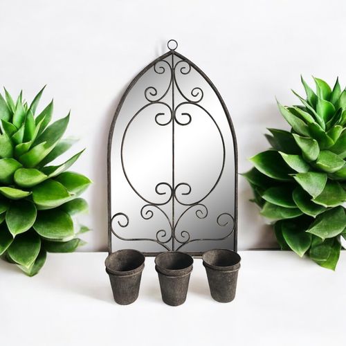 73CM RUSTY WALL MIRROR WITH TRIPLE PLANTER