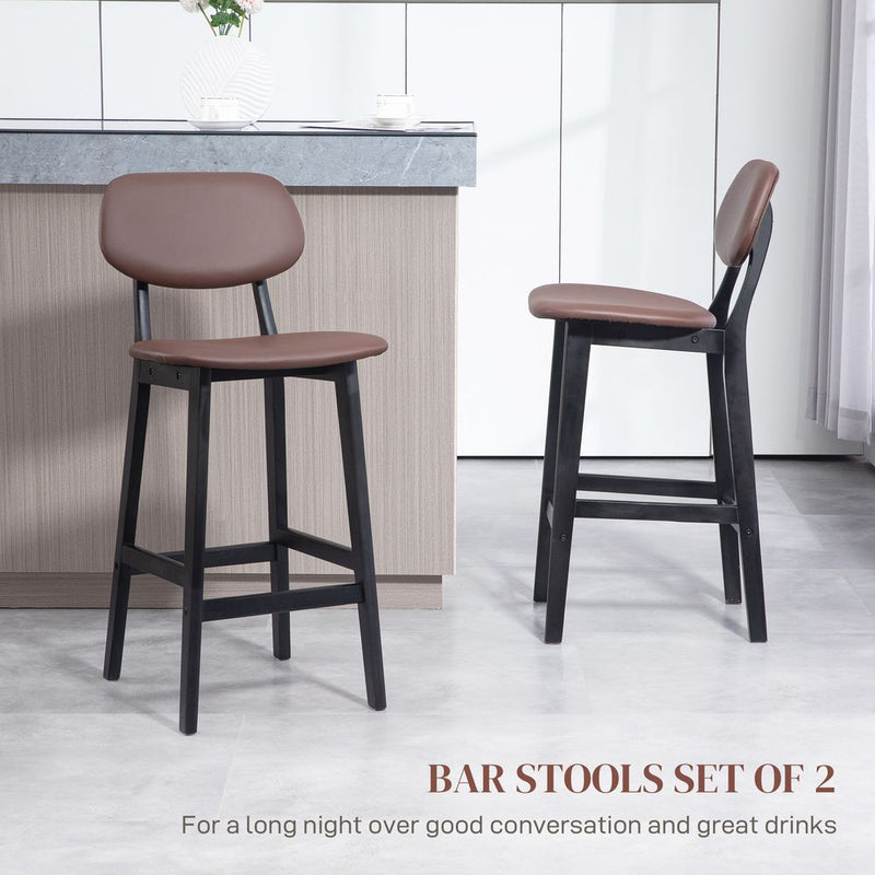 HOMCOM Breakfast Bar stools Set of 2 with PU Leather Cover, Wood Legs, Brown