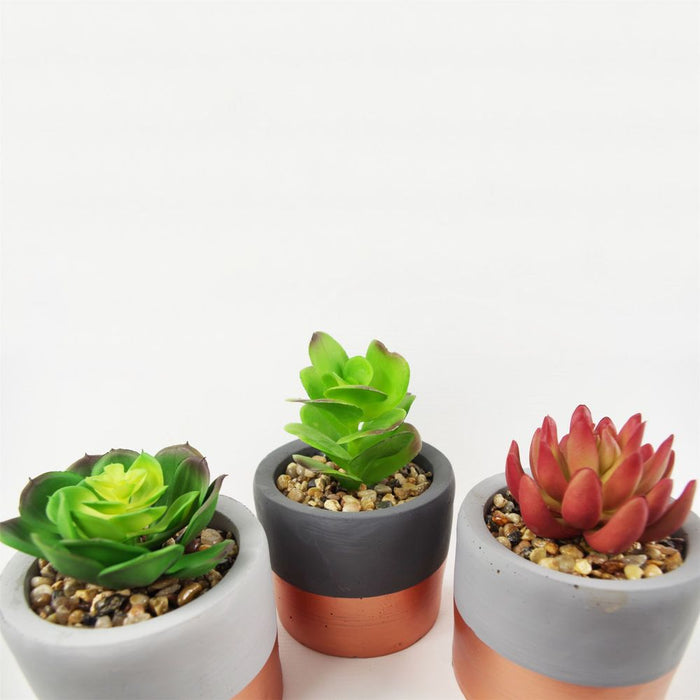 Premium 14cm Stoneware Mini Copper Band Planters w/ Artificial Succulents - Set of 3