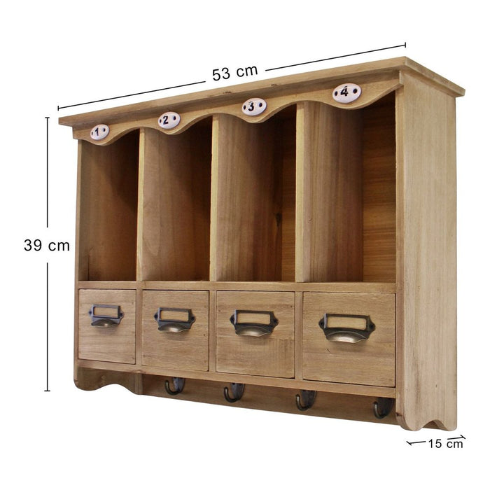 Rustic Wall Storage Unit - 4 Cubbies, 4 Drawers, 4 Coat Hooks