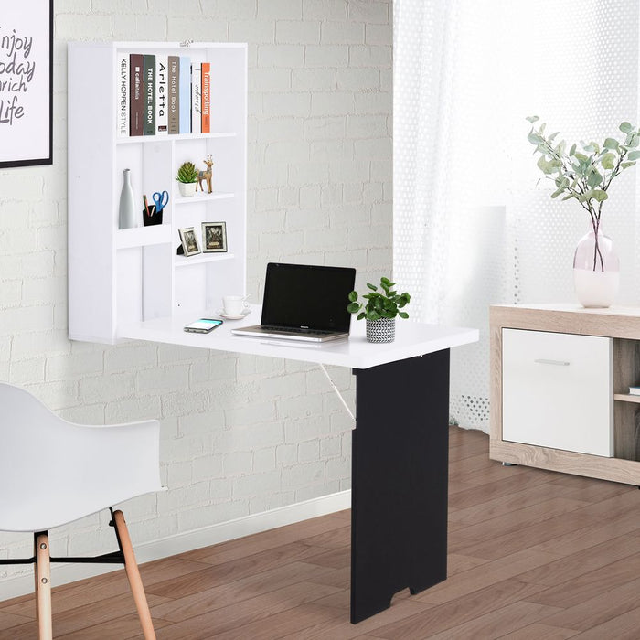 Space-Saving White Wall-Mounted Desk | Fold-Out Convertible Office Table with Chalkboard Shelf