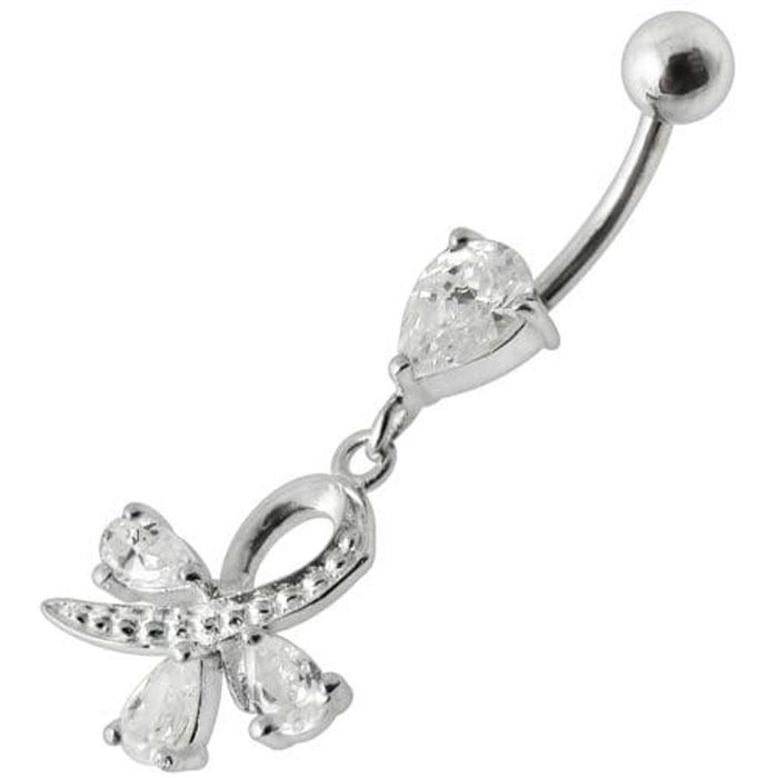 Silver  Pear Jeweled Dangling SS Belly Ring Body Jewelry