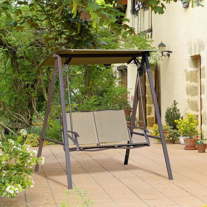 2-Seater Garden Swing Chair Bench w/ Adjustable Canopy, Brown