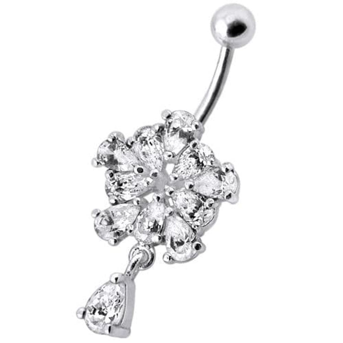 Jeweled Fancy Silver Flower Dangling Banana Bar Navel Belly Ring