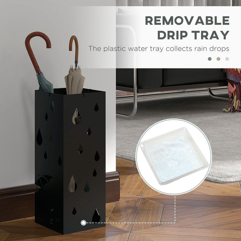 HOMCOM Metal Umbrella Stand, Square Umbrella Basket with 4 Hooks and Drip Tray