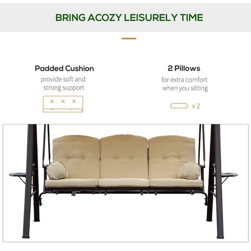 Steel Swing Chair Hammock Garden 3 Seater Canopy Cushion Shelter Beige