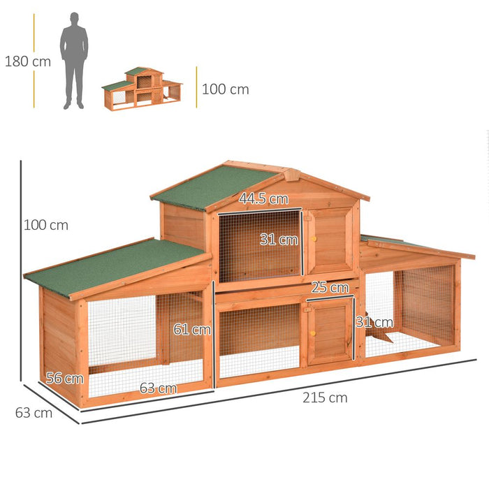 Pawhut Large Rabbit Hutch Outdoor, Wooden Guinea Pig Hutch Small Animal House, Play Run Cage Outdoor Use 215 x 63 x 100 cm