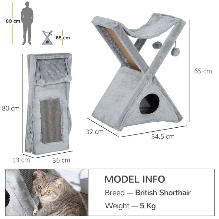 PawHut Two Tier Cat Tree for Indoor Cats Play Rest Activity Tower Plush Folding Relax Center w/Scratching Post Hammock Pom Poms Grey