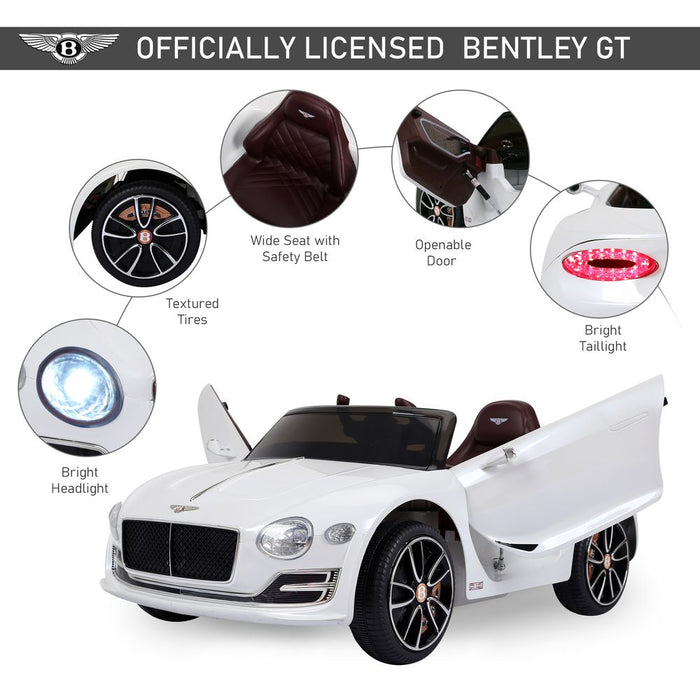 HOMCOM Compatible Electric Kids Ride On Car Bentley GT 12V Battery Powered Toy Two Motors with LED Light Music Parental Remote Control for 3-5 Years White Bentley