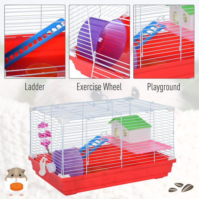 PawHut Portable 2 Storey Hamster Cage Small Pet Animal Cage Double Layers w/Exercise Wheel Water Bottle Dishes