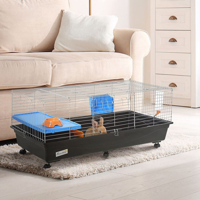 PawHut 119cm Small Animal Cage for Rabbit Ferret Guinea Pig w/ Food Dish Black