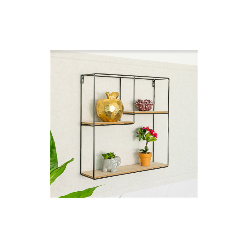 SHLEDECOR Square Black Wall Unit with Shelves Metal and Wood Multi Section