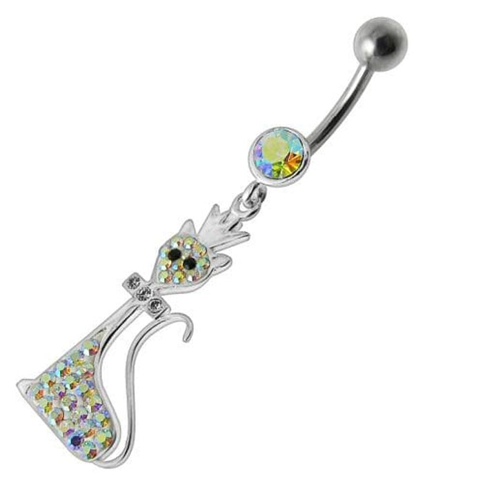 Fancy Black Jeweled Pussy Cat  With Crown Dangling SS Banana Bar Belly Ring