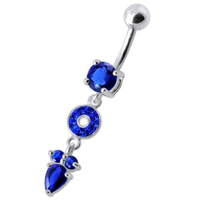 Fancy Multi Stone Jeweled "O" Pear" Dangling SS Bar Navel Body Jewelry Ring