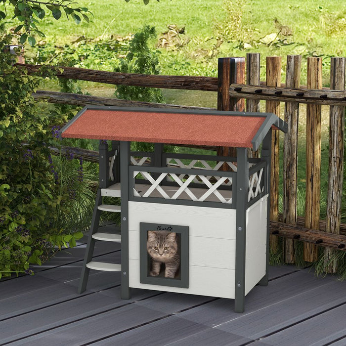 PawHut Outdoor Cat House w/ Stairs, Roof, & Balcony - Best Quality, White