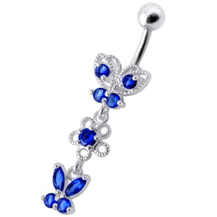 Fancy Design Multi Jeweled Dangling SS Bar Navel Ring