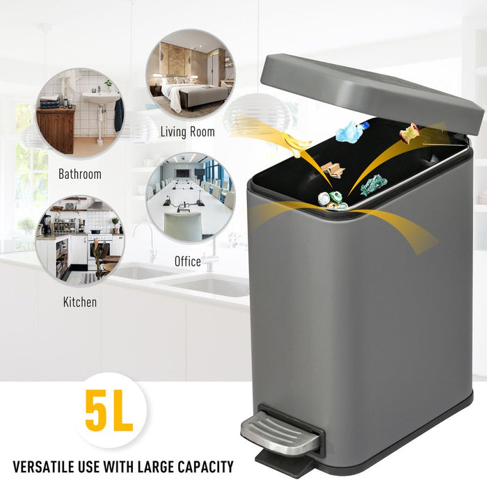 5L Steel Step Trash Can, Silent Lid Open & Gentle Close, Compact & Stylish, Removable Bucket