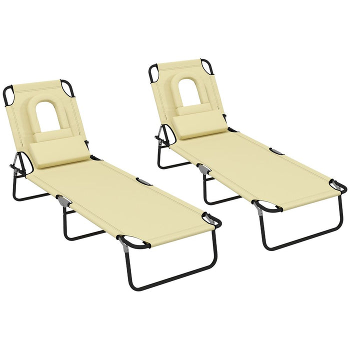 Outsunny Folding Sun Lounger Set of 2 Reclining Chair with Reading Hole Beige