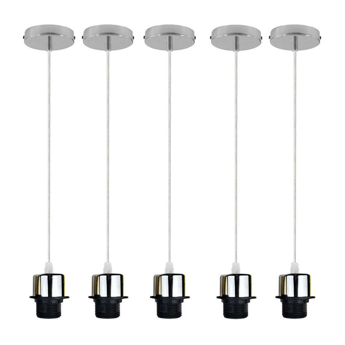 Industrial Chrome Pendant Light - 5 Pack, E27 Lamp Holder Set, PVC Cable. Add Lampshade. UK Holder. High-Quality.