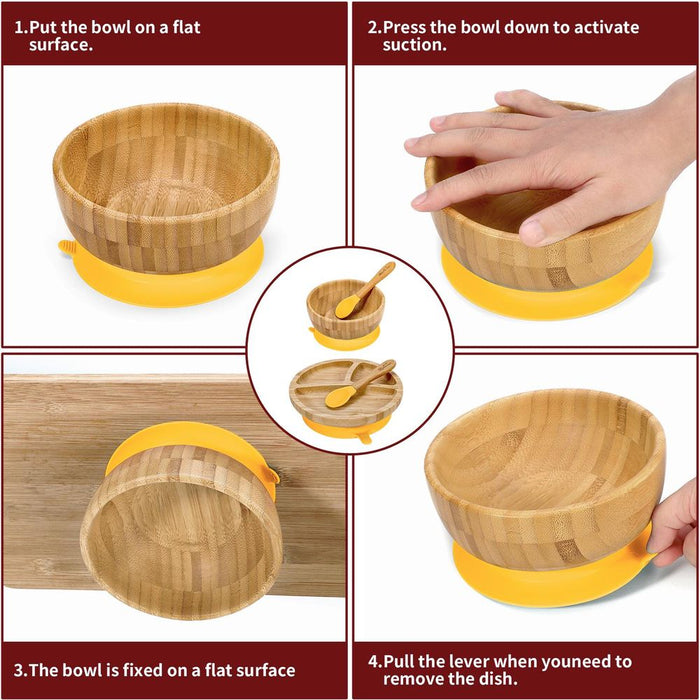 VINSANI BAMBOO BOWL, ROUND PLATE & SPOON SET - Non-Slip Base, All-Natural, Easy Clean - Perfect for Baby Feeding!