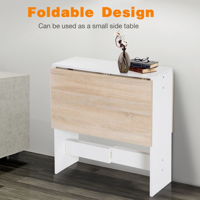 Drop Leaf Table Folding Dining Space Saving-Oak White Colour