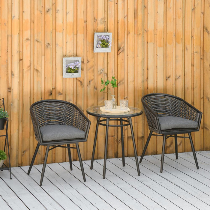 Premium Grey Rattan Bistro Set - 2 Chairs & 1 Coffee Table - Outdoor & Patio Furniture