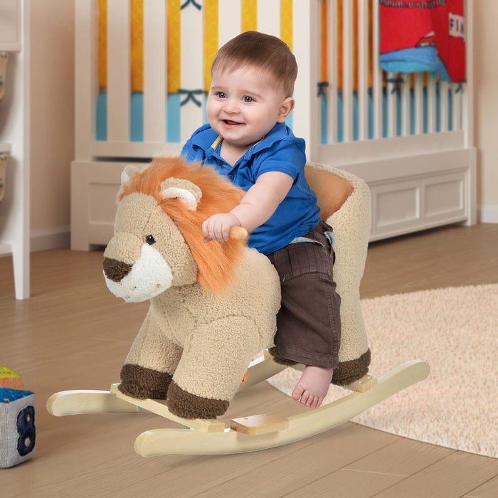 HOMCOM Kids Children Rocking Horse Plush Ride On Lion Seat w/Sound Wood Base Seat Safety Belt Toddler Baby Toy for 18-36 Months Brown