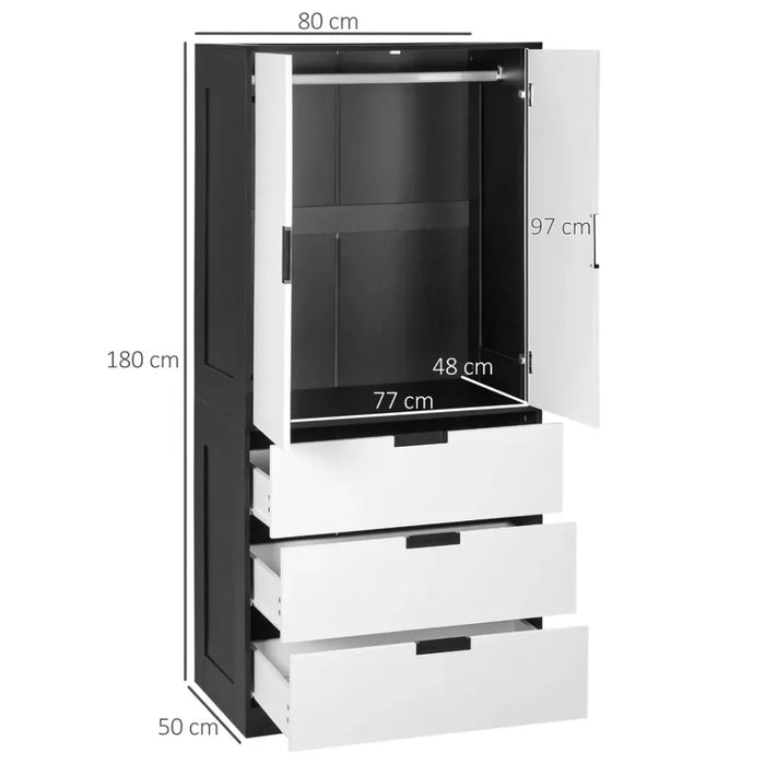 2 Door Wardrobe Modern Wardrobe with 3 Drawer and Hanging Rod for Bedroom White