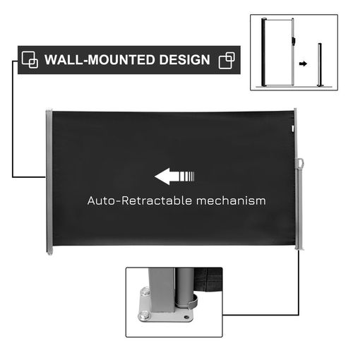 3x1.8M Retractable Side Awning Screen Fence Patio Privacy Divider Black