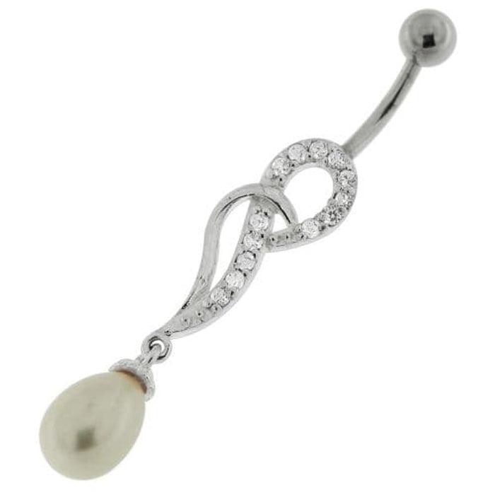 Jeweled Fancy Pearl Silver Dangling Curved Bar Belly Ring