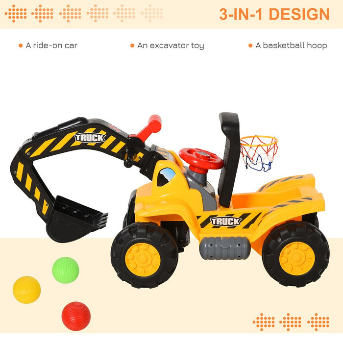 3-In-1 Kids Ride-On Tractor Scooter with Storage Basketball Net 3-8 Yrs HOMCOM