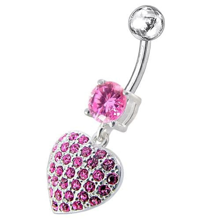 Fancy  Jeweled Heart Dangling SS Bar Belly Ring