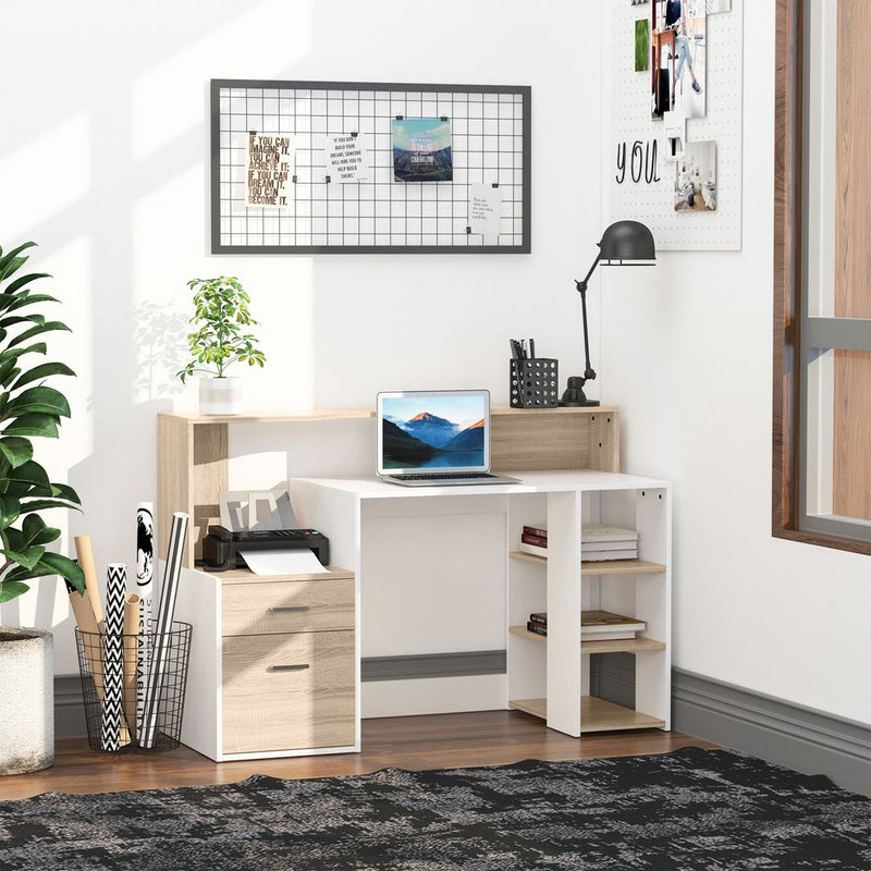 HOMCOM Computer Desk PC Table Modern Home Office Writing Workstation Furniture Printer Shelf Rack w/Storage Drawer & Shelves (Oak and white)