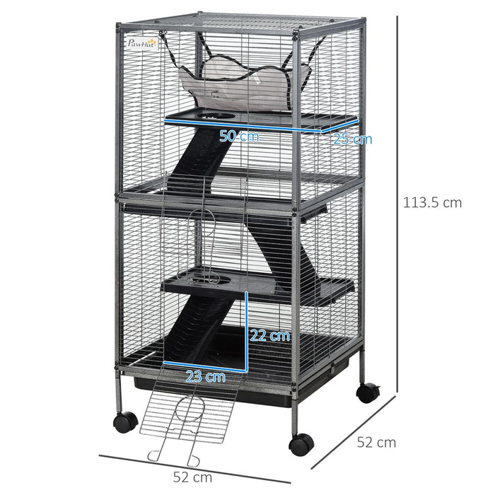 PawHut Small Animal Cage with Wheels Pet Home for Chinchillas Ferrets Kittens, with Hammock, 4 Platforms, Removable Tray, Grey