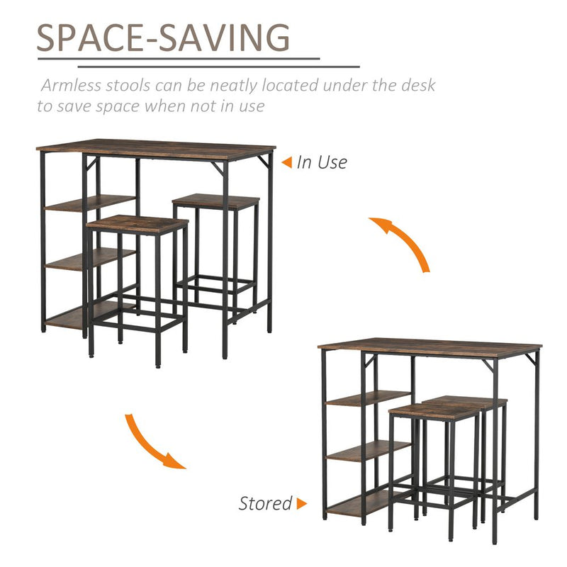 Industrial Bar Height Dining Set: 3PC Table, 2 Stools, Side Shelf - Sturdy & Stylish