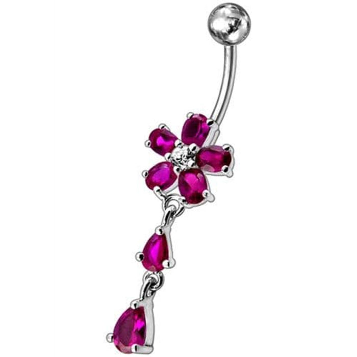 Fancy Jeweled Flower With Silver Dangling SS Bar Navel Ring