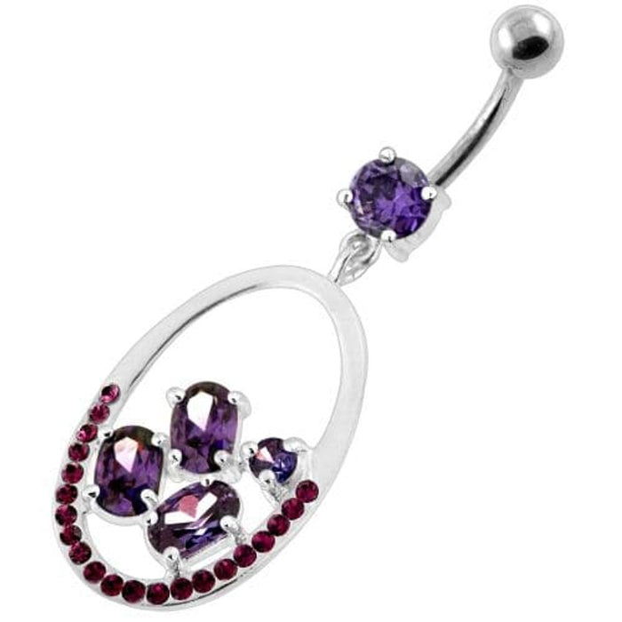 925 Sterling Silver Jeweled Oval Cut out Belly Ring