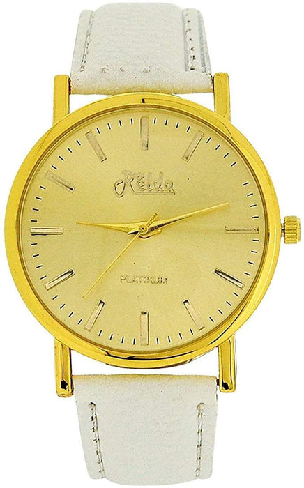 Relda Women Jumbo Goldtone Dial & Leather Strap Watch - White REL63