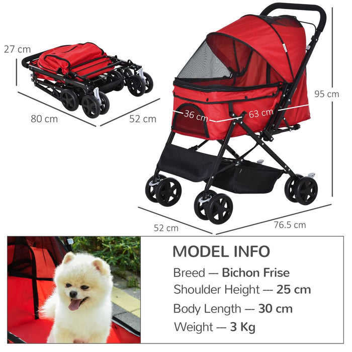 PawHut Dog Stroller, Pet Stroller, Foldable Dog Cat Travel Pushchair with Reversible Handle, EVA Wheels, Brake, Basket, Adjustable Canopy, Safety Leash, for Small Dogs, Red