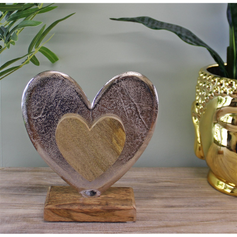 Premium Silver Metal & Wood Standing Heart Decor
