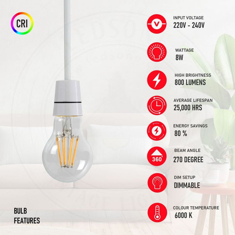8W B22 LED Retro Vintage Light Bulbs - 2 Pack, 6000K Cool White, Filament Design - Ideal for Pendants, Chandeliers, and Decorative Fixtures