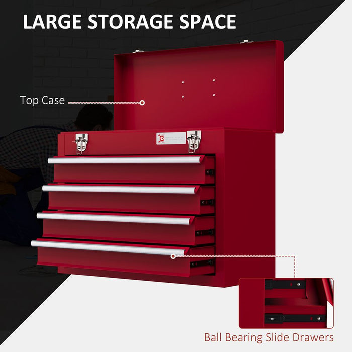 DURHAND Lockable 4 Drawer Tool Chest with Ball Bearing Slide Drawers Red