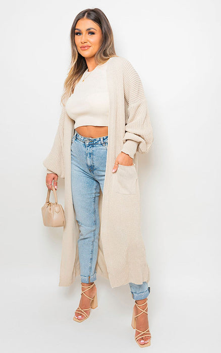 Cozy Knitted Balloon Sleeve Maxi Cardigan