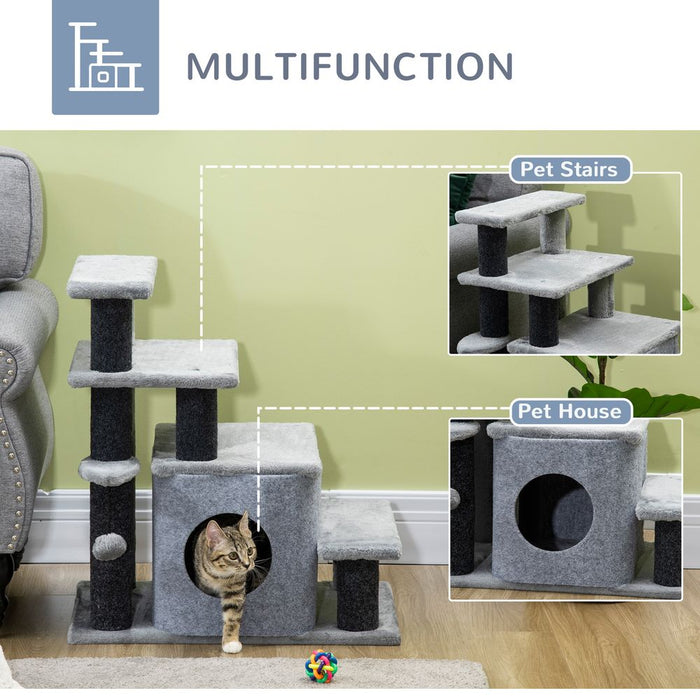 PawHut Dog Steps for Bed 4 Step Pet Stairs Cat House with Detachable Cover, Cat ladder for Sofa w/Hanging Balls - Grey