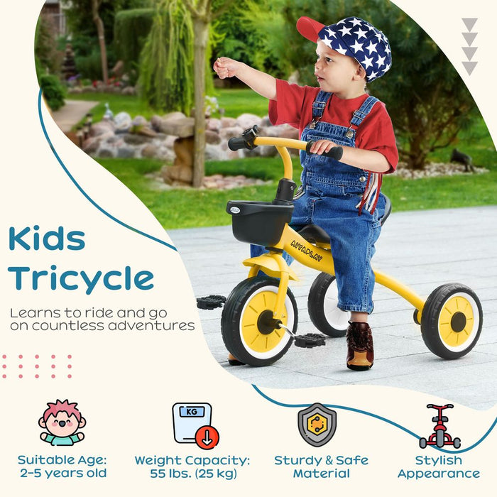 AIYAPLAY Trike with Adjustable Seat Basket Kids Tricycle for 2-5 Year Old Yellow