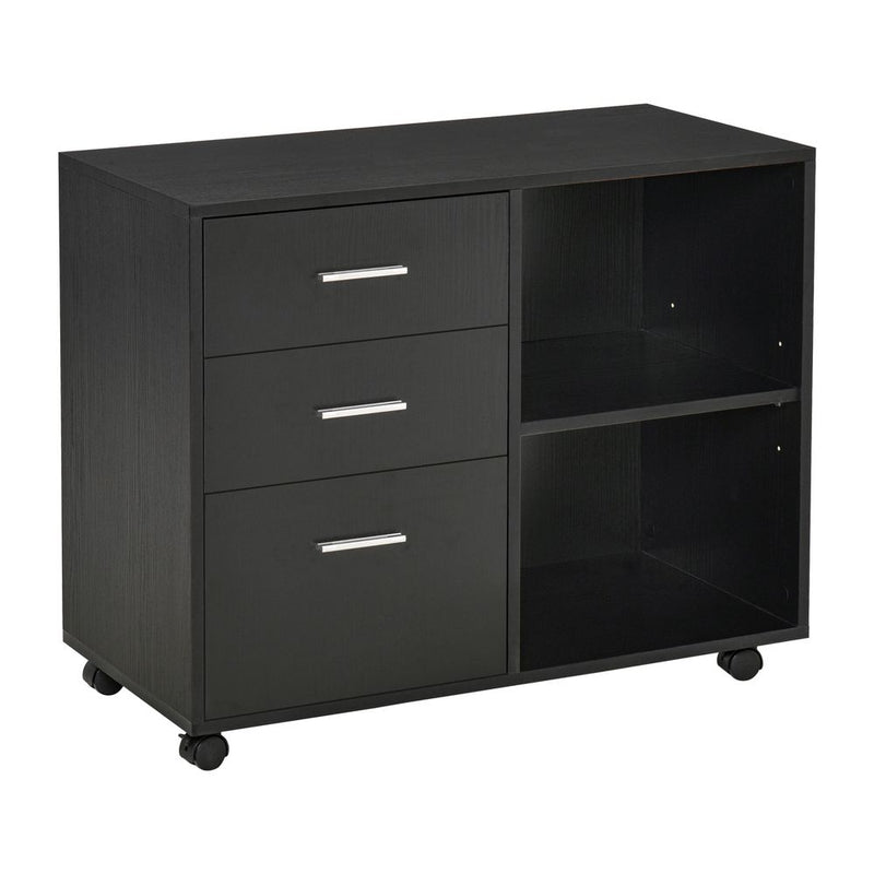 HOMCOM Freestanding Printer Stand Unit Office Desk Side Mobile Storage w/Wheels 3 Drawers, 2 Open Shelves Modern Style 80L x 40W x 65H cm - Black