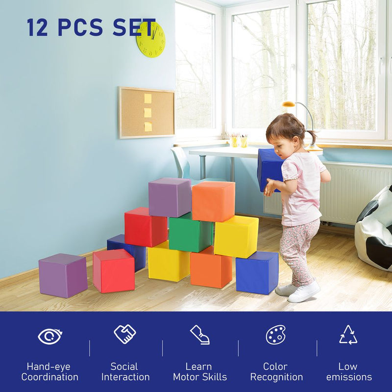 HOMCOM 12 Piece Soft Play Foam Blocks Toy Building Stacking Compliant Learning Toys for Toddler Baby Kids Preschool