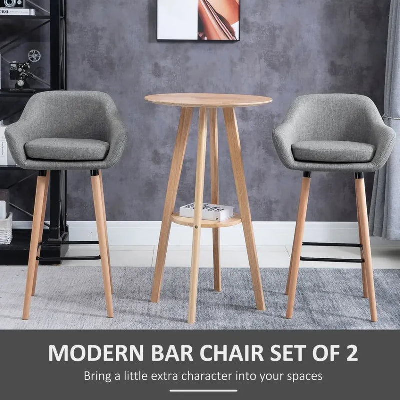 2 PCs Modern Upholstered Fabric Bucket Seat Bar Stools w/ Solid Wood Legs Grey